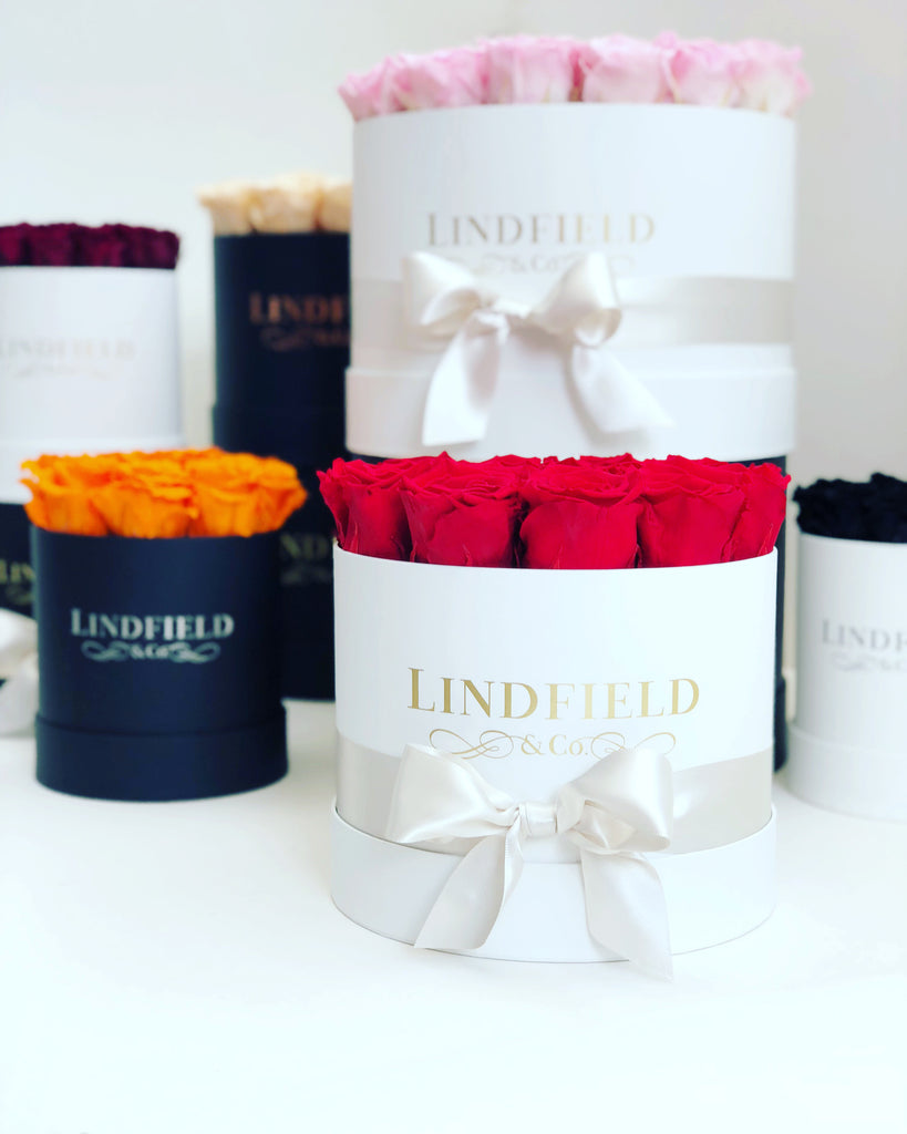 Mono Muse Collection: preserved roses that last a year in a black or white hat box from Lindfield & Co Kent