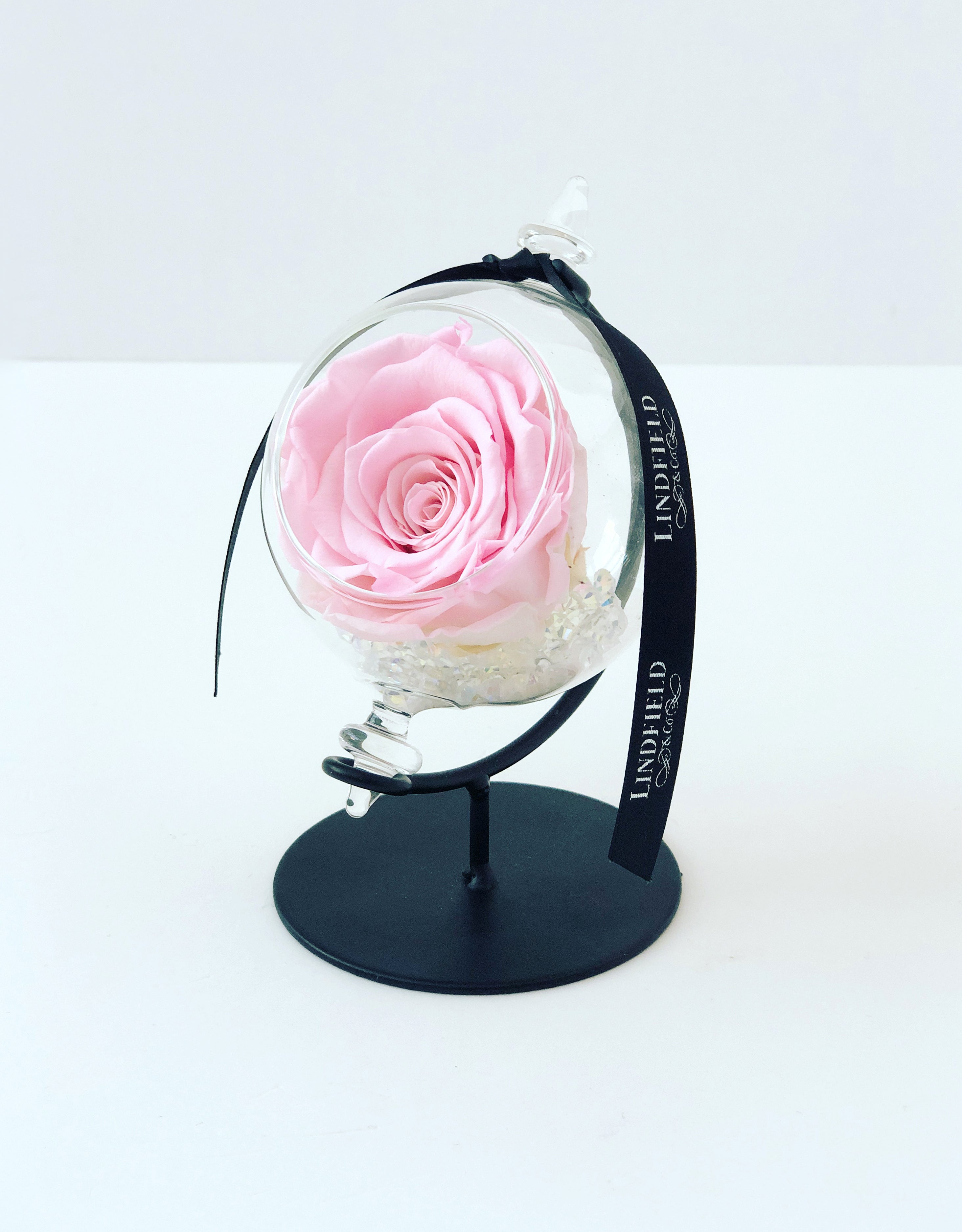 Rose globe: a single preserved rose in a glass orb Lindfield & Co